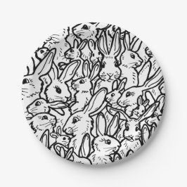 Prato De Papel Padrão de coelho preto e branco desenhando coelho 