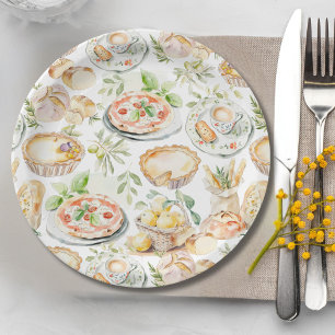 Prato De Papel Padrão de Comida Mediterrânea em Aquarela