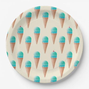 Prato De Papel Padrão de Cone Sorvete Azul, Amarelo Claro