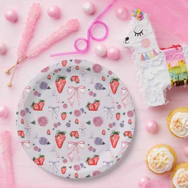 Prato De Papel Padrão de coquete de arcos, Rosas e morangos (Festa)