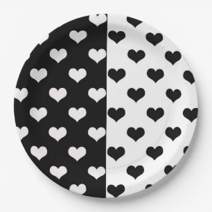 Prato De Papel Padrão de Coração de Amor Preto Branco