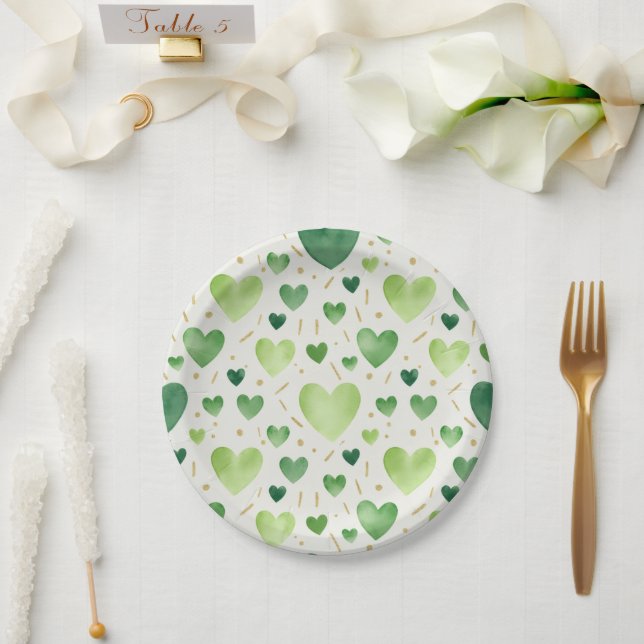 Prato De Papel Padrão de Coração de Aquarela Emerald Meadows (Casamento)
