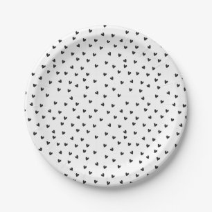 Prato De Papel Padrão de Coração Preto e Branco Chic Dia dos Namo