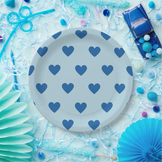 Prato De Papel Padrão de Coração Simples Azul (Festa)
