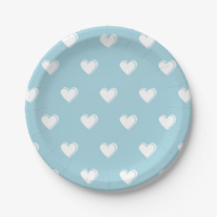 Prato De Papel Padrão de Coração Simples Branco Azul