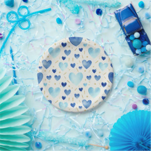 Prato De Papel Padrão de Corações em Aquarela Sonho Cerúleo