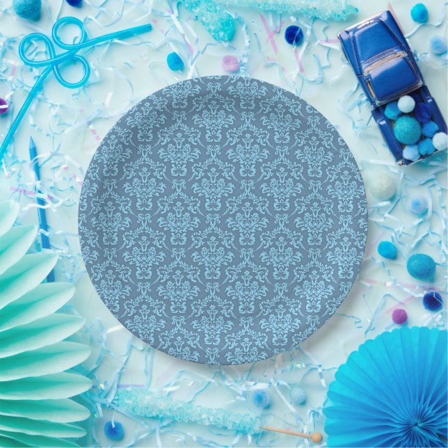 Prato De Papel Padrão de Damasco Azul (Festa)