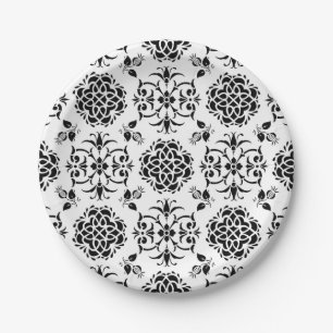 Prato De Papel Padrão de damasco estilo vintage preto e branco