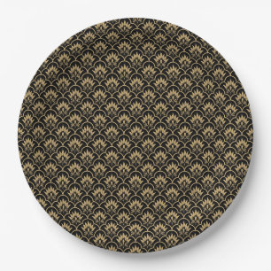 Prato De Papel Padrão de damasco vintage bege preto seamless