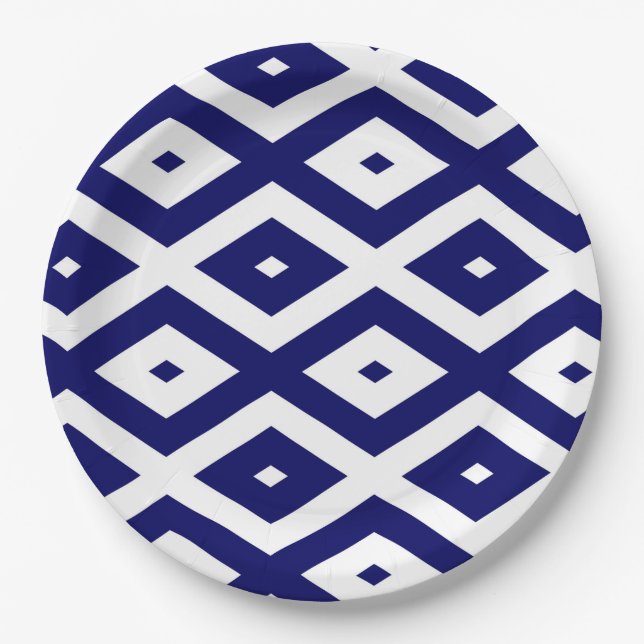 Prato De Papel Padrão de diamante branco e azul-marinho (Frente)