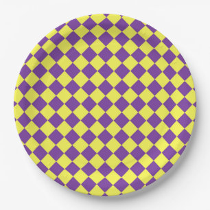 Prato De Papel Padrão de Diamante Xadrez Amarelo Roxo