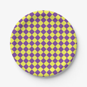Prato De Papel Padrão de Diamante Xadrez Amarelo Roxo