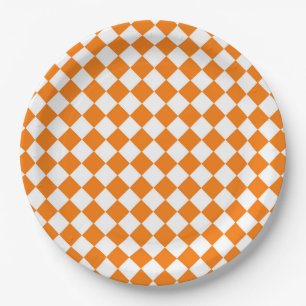 Prato De Papel Padrão de Diamante Xadrez Laranja Branco