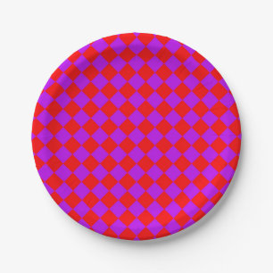 Prato De Papel Padrão de Diamante Xadrez Roxo Vermelho