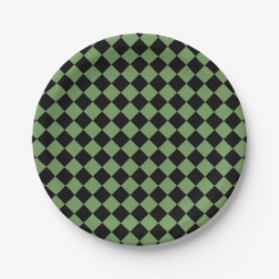 Prato De Papel Padrão de Diamante Xadrez Verde Preto