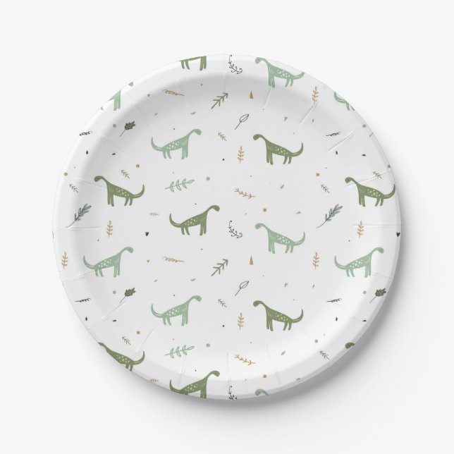 Prato De Papel Padrão de Dinossauro Verde e Bonito (Frente)