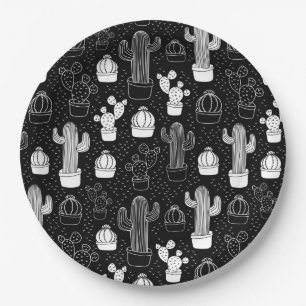 Prato De Papel Padrão de Doodle do Cactus Preto e Branco