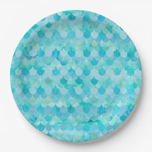Prato De Papel Padrão de Escala de Peixes de Sereia de Aqua Teal