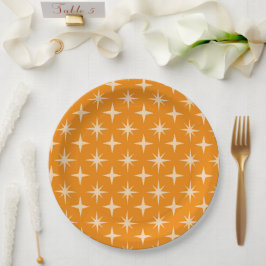 Prato De Papel Padrão de Estrelas Atômicas Retro em Laranja 