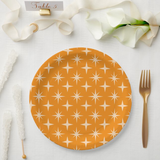 Prato De Papel Padrão de Estrelas Atômicas Retro em Laranja  (Casamento)