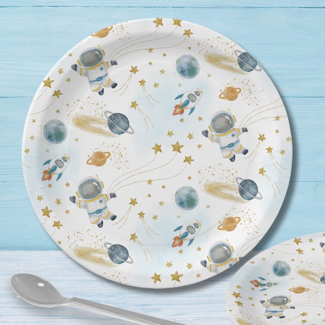 Prato De Papel Padrão de Estrelas de Astronauta no Espaço Exterio (Criador carregado)