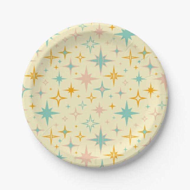 Prato De Papel Padrão de estrelas retrô coloridas (Frente)