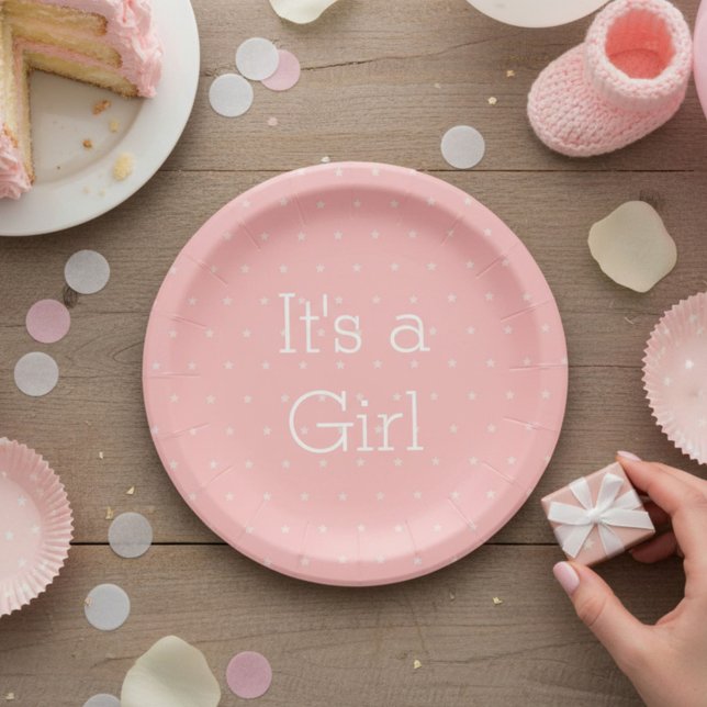 Prato De Papel Padrão de Estrelas Rosa e Branco É uma Menina (Criador carregado)