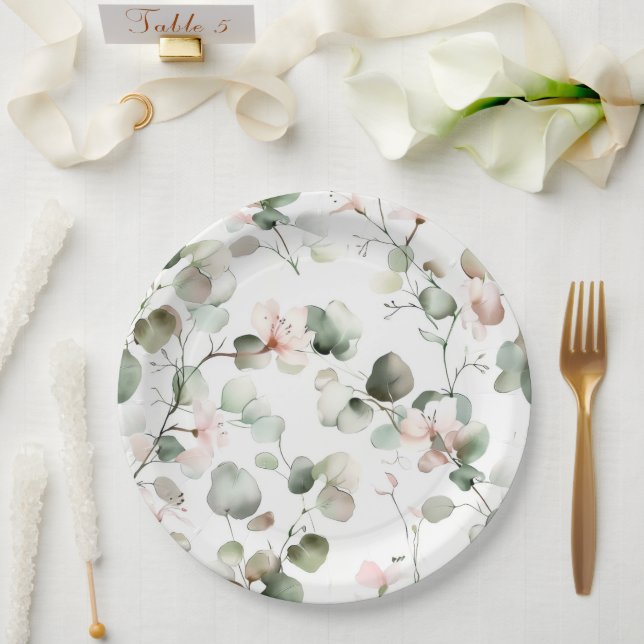Prato De Papel Padrão de Eucalipto em Aquarela (Casamento)
