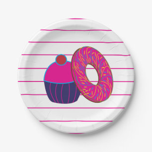 Prato De Papel Padrão de faixa cor-de-rosa do Cupcake rosquinha