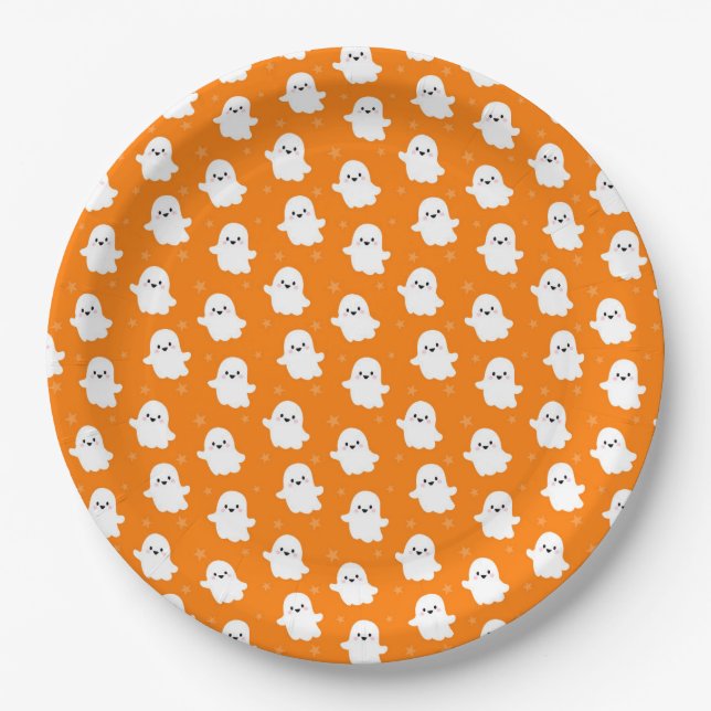 Prato De Papel Padrão de Fantasma Laranja Fofo – Design de Hallow (Frente)