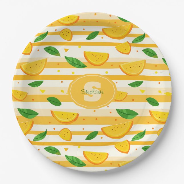 Prato De Papel Padrão de Fatia Laranja com Folhas Verdes (Frente)