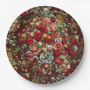 Prato De Papel Padrão de Fita Floral Rosa Vitoriana Borgonha Escu