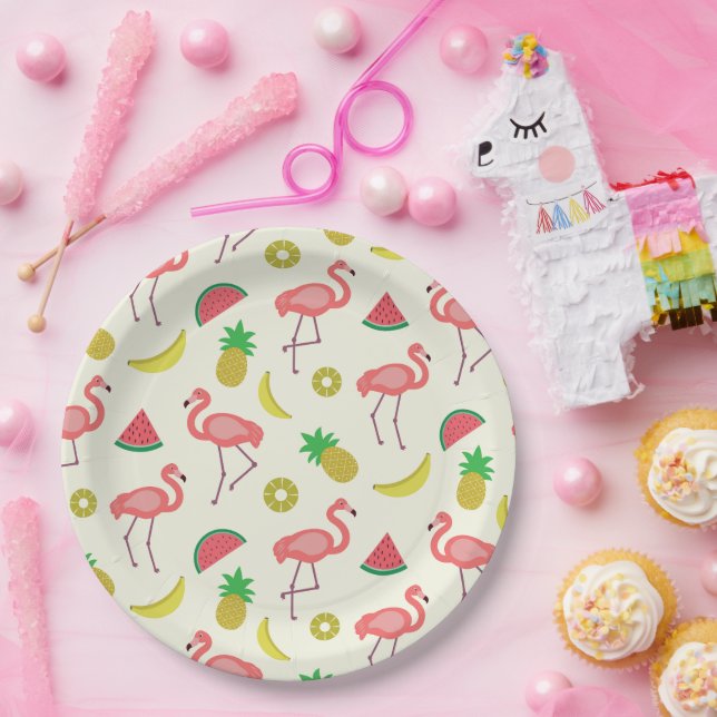 Prato De Papel Padrão de Flamingo com Melancia e Abacaxis  (Festa)