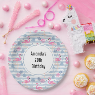 Prato De Papel Padrão de Flamingo e Abacaxi Whimsical Aniversário