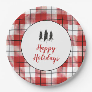 Prato De Papel Padrão de Flannel Branco e Vermelho da Árvore do P
