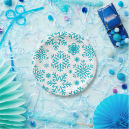 Prato De Papel Padrão de Floco de Neve Azul