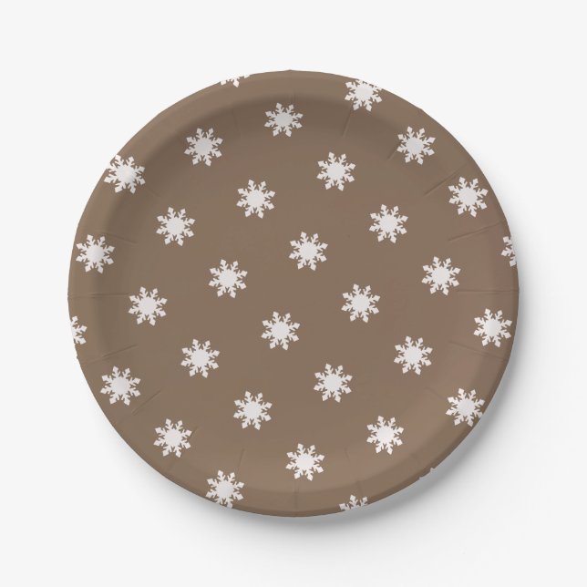 Prato De Papel Padrão de floco de neve marrom profundo de Natal  (Frente)