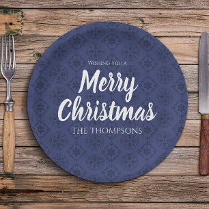 Prato De Papel Padrão de Floco de Neve Simples Azul de Marinho de