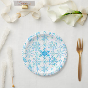 Prato De Papel Padrão de flocos de neve azul