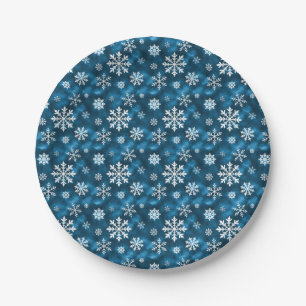 Prato De Papel Padrão de Flocos de Neve de Inverno em Fundo Azul