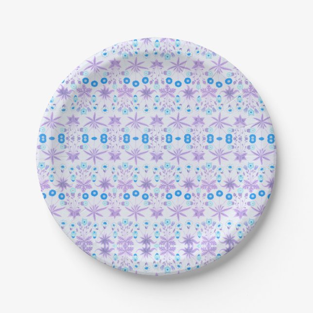 Prato De Papel Padrão de Flor Azul Roxo (Frente)