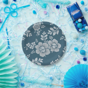 Prato De Papel Padrão de Flor Azul Vintage Elegante