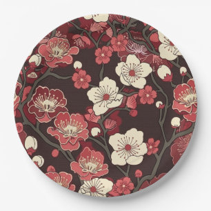 Prato De Papel Padrão de Flor de Sakura Burgundy Escuro Coral