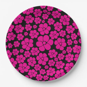 Prato De Papel Padrão de Flor - Magenta e Preto