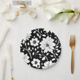 Prato De Papel Padrão de Flor Simples Preto e Branco Sem Olho