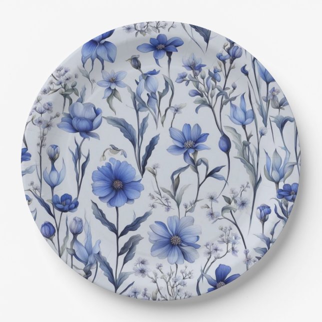 Prato De Papel Padrão de flores azuis botânicas (Frente)
