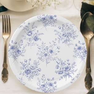 Prato De Papel Padrão de Flores Azuis Clássicas Toile azul francê