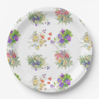 Prato De Papel padrão de flores da floresta em aquarela