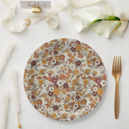 Prato De Papel Padrão de Flores de Boho Retro