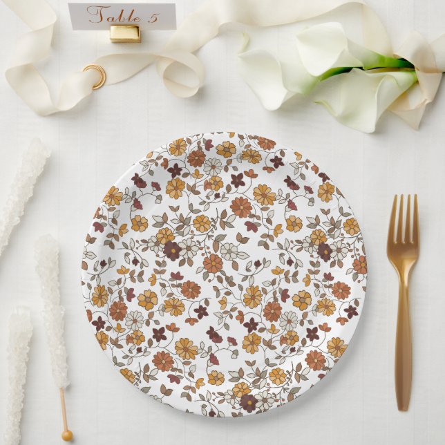 Prato De Papel Padrão de Flores de Boho Retro (Casamento)